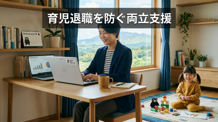 育児退職、両立支援、育児休業、中小企業、熊本、社会保険労務士、助成金、働き方改革、人材定着、時短勤務、テレワーク、育児・介護休業法、子ども・子育て支援金制度